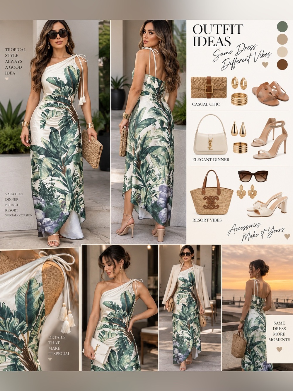 Tropical One-Shoulder Jumpsuit with Leaf Print - Green